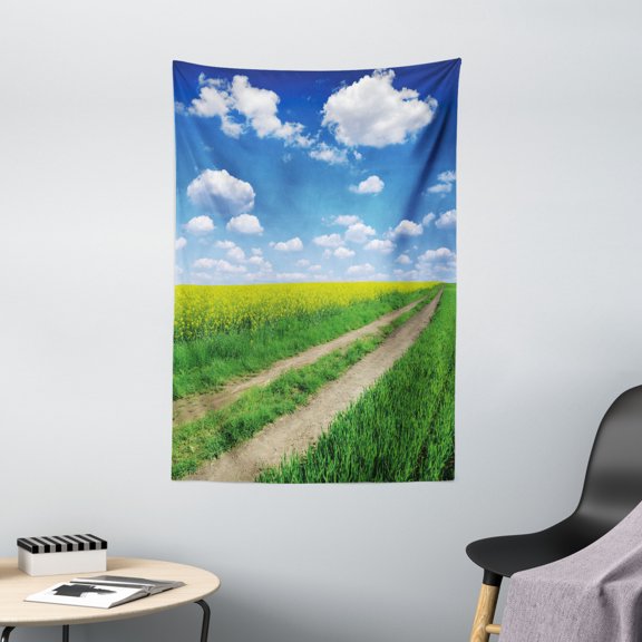 Yellow and Blue Tapestry, Countryside Road on Field of Rapeseeds into Nature Season Freshness, Wall Hanging for Bedroom Living Room Dorm Decor, 40W X 60L Inches, Green Blue White, by Ambesonne