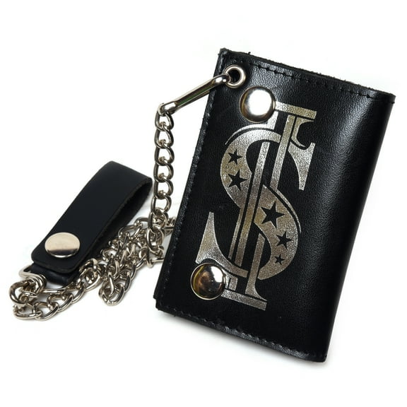 Leatherboss Genuine Leather Men Dollar Trifold Wallet Chain Biker, Black