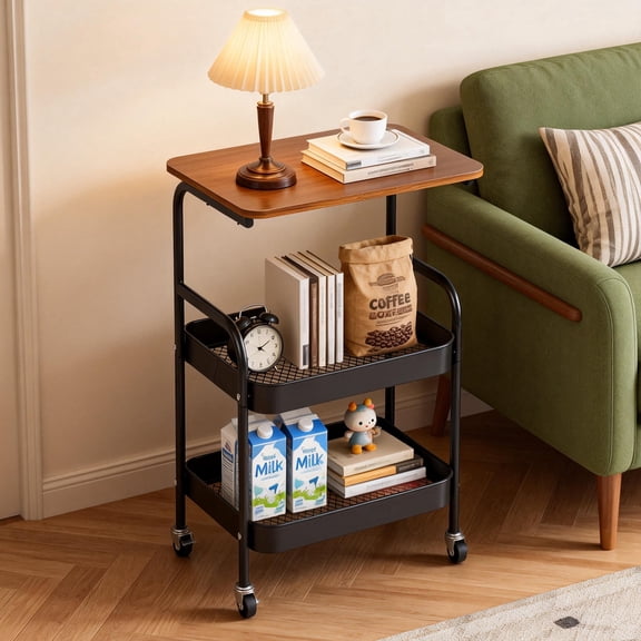 3-Tier Side Table with Wheels, Wooden Top and Mesh Storage Basket, Small Sofa End Table for Living Room