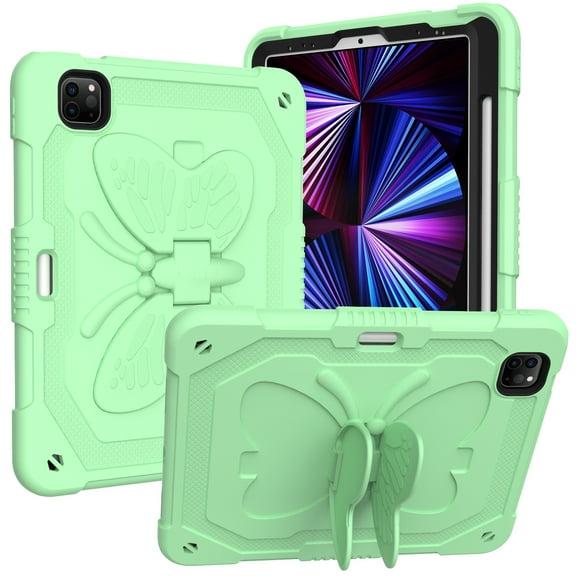 Case For Apple iPad Air 4 / iPad Air 5 / iPad Pro (11 inch) Butterfly Wings Kickstand 3in1 Tough Hybrid with Pencil Holder Heavy Duty Rugged Shockproof Full Protective Tablet Cover [ Green ]