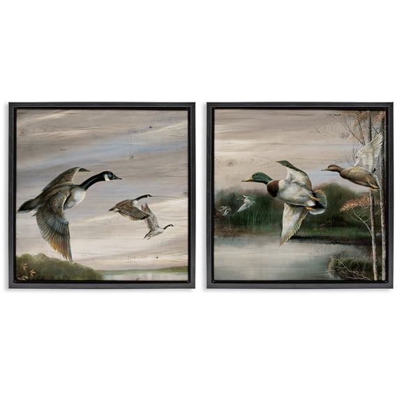 Stupell Industries Geese & Ducks in Nature Animals Painting Black Floater Framed Canvas Art Print Wall Art, 18 x 18, Set of 2