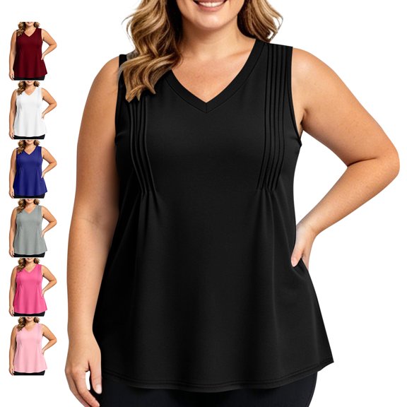 TGSLY Women's Plus Size Pleats Tank Tops V Neck Basic Solid Color Sleeveless Vest Casual Flowy Summer A-Line Swing Hem Blouses L