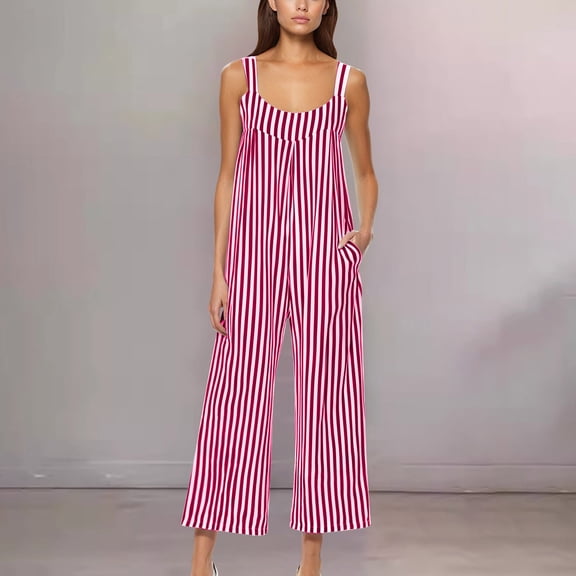 ClodeEU Women's Striped Print Jumpsuit,Sleeveless Square Neck One Piece ,Beach Travels Outfits Vacation Red,Womens Plus M