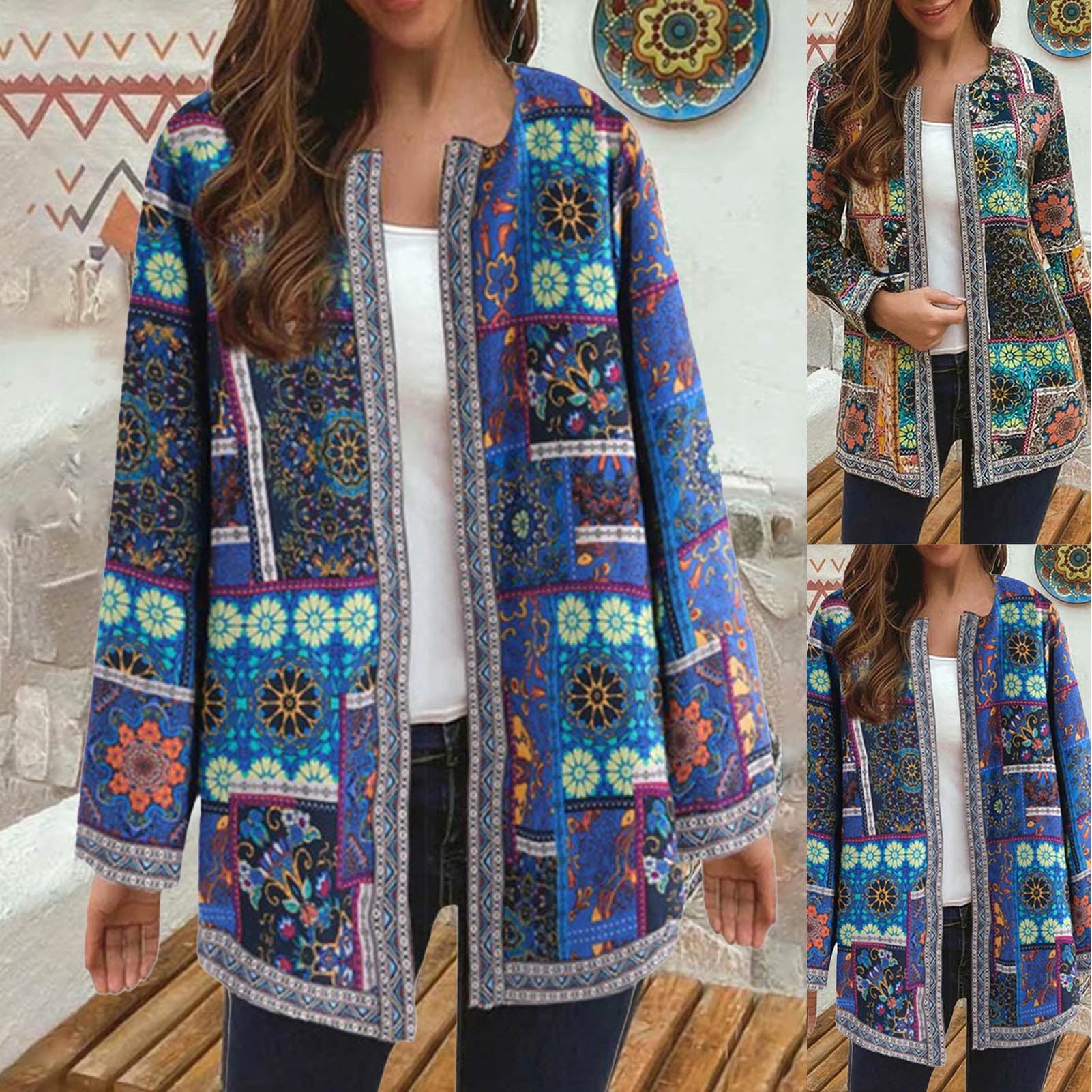 Women Cardigan Coat Ethnic Print 