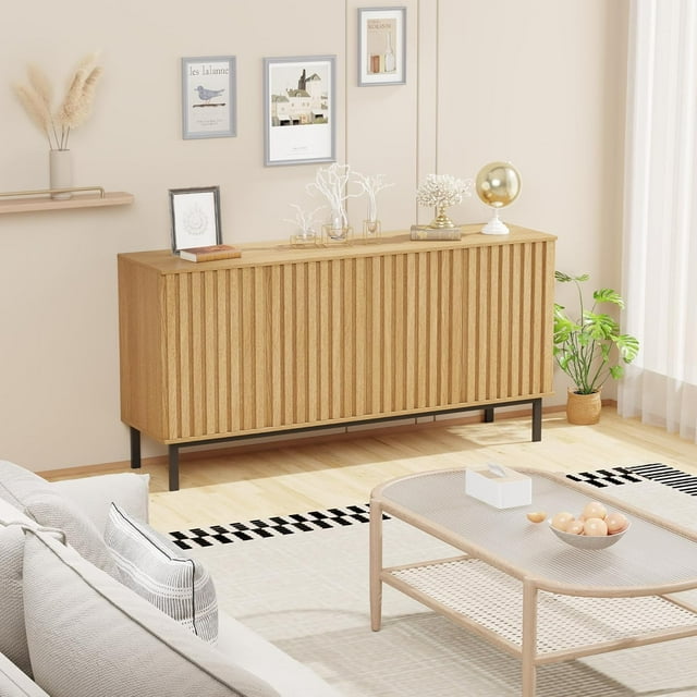 Freestanding Wooden Sideboard Cabinet – Buffet Storage with Fluted Doors and Adjustable Shelf, Multi-Use Storage for Dining Room, Kitchen, or Coffee Bar
