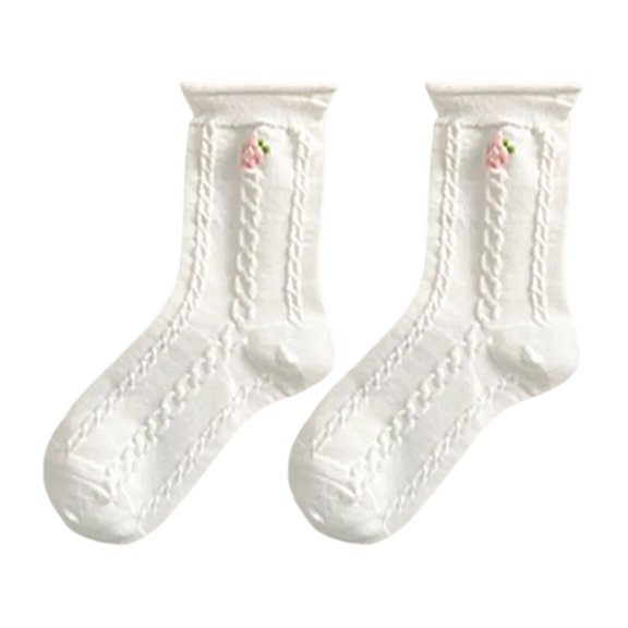 OOOUM Women Embroidery Mid Calf Socks Crochet Ruffle Crew Socks Fashion Sweet Ankle Socks White