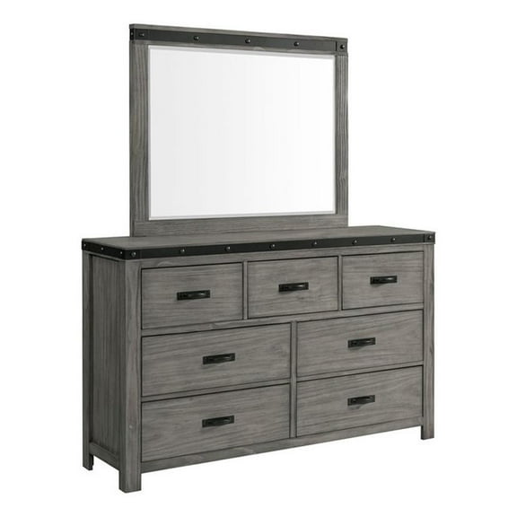 Pemberly Row Transitional 7-Drawer Wood Dresser and Mirror Set in Gray