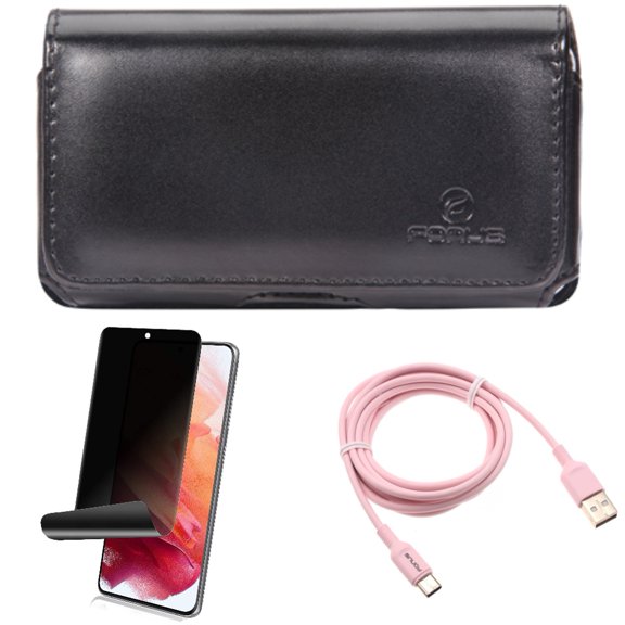 Case Belt Clip & Privacy Screen Protector & 6ft USB-C Cable for Samsung Galaxy S22 (6.1") - Leather Swivel & TPU Film Fingerprint Works & Pink Charger Cord Accessory Bundle