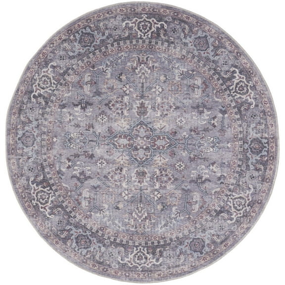 8' Gray Round Floral Power Loom Distressed Area Rug