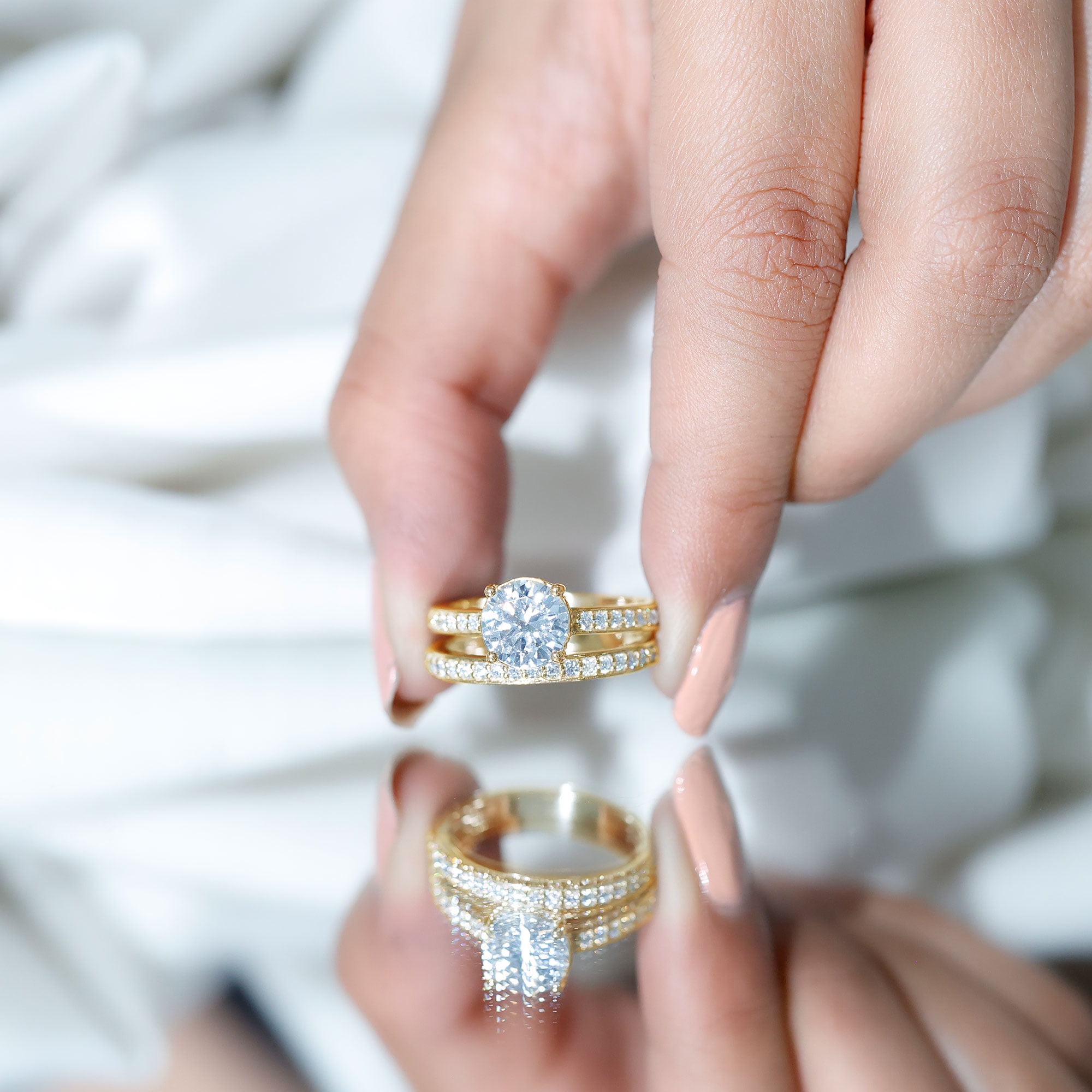 Rosec Jewels Lab Grown Diamond Wedding Engagement Ring Set for Women - 2 Carat Engagement Ring with Band - EF-VS Quality, 10K Yellow Gold, US 8.50