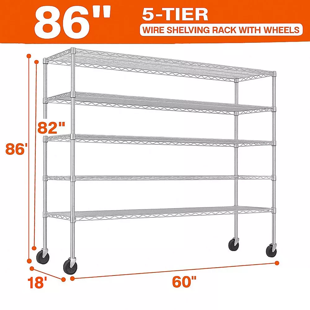 Sailvan 5-Tier Heavy Duty Metal Storage Rack with Wheels, 3000LBS Adjustable Wire Shelving Unit for Garage, Pantry, Kitchen, 18"D x 60"W x 82"H,Silver