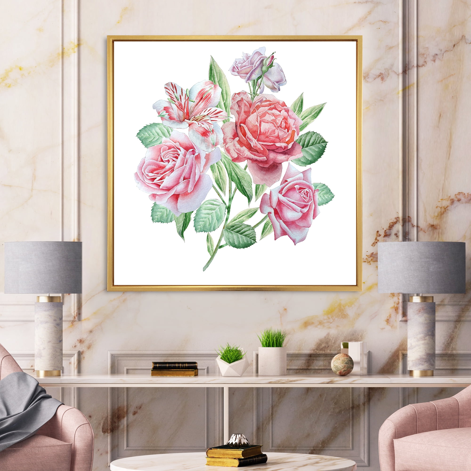 Designart 'Spring Flowers Alstroemeria Pink Roses' Traditional Framed Canvas Wall Art Print