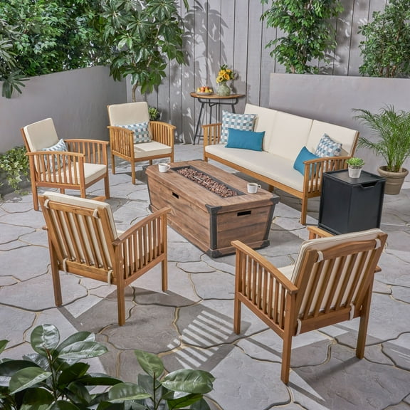 Tucson Outdoor 7 Piece Acacia Wood Conversational Set with Cushions and Fire Pit, Teak, Cream, Brown