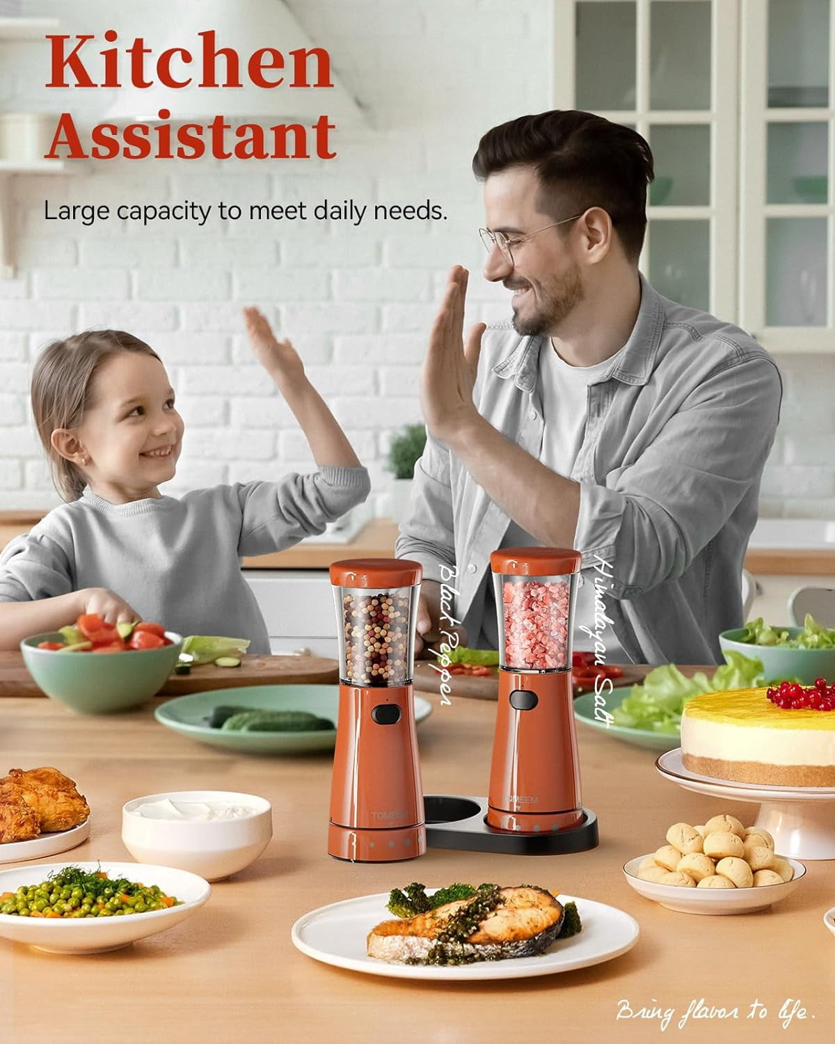 Electric Salt and Pepper Grinder Sets Automatic Adjustable Coarseness USB Rechargeable Mill Grinders Shakers With LED Light, Bright Orange