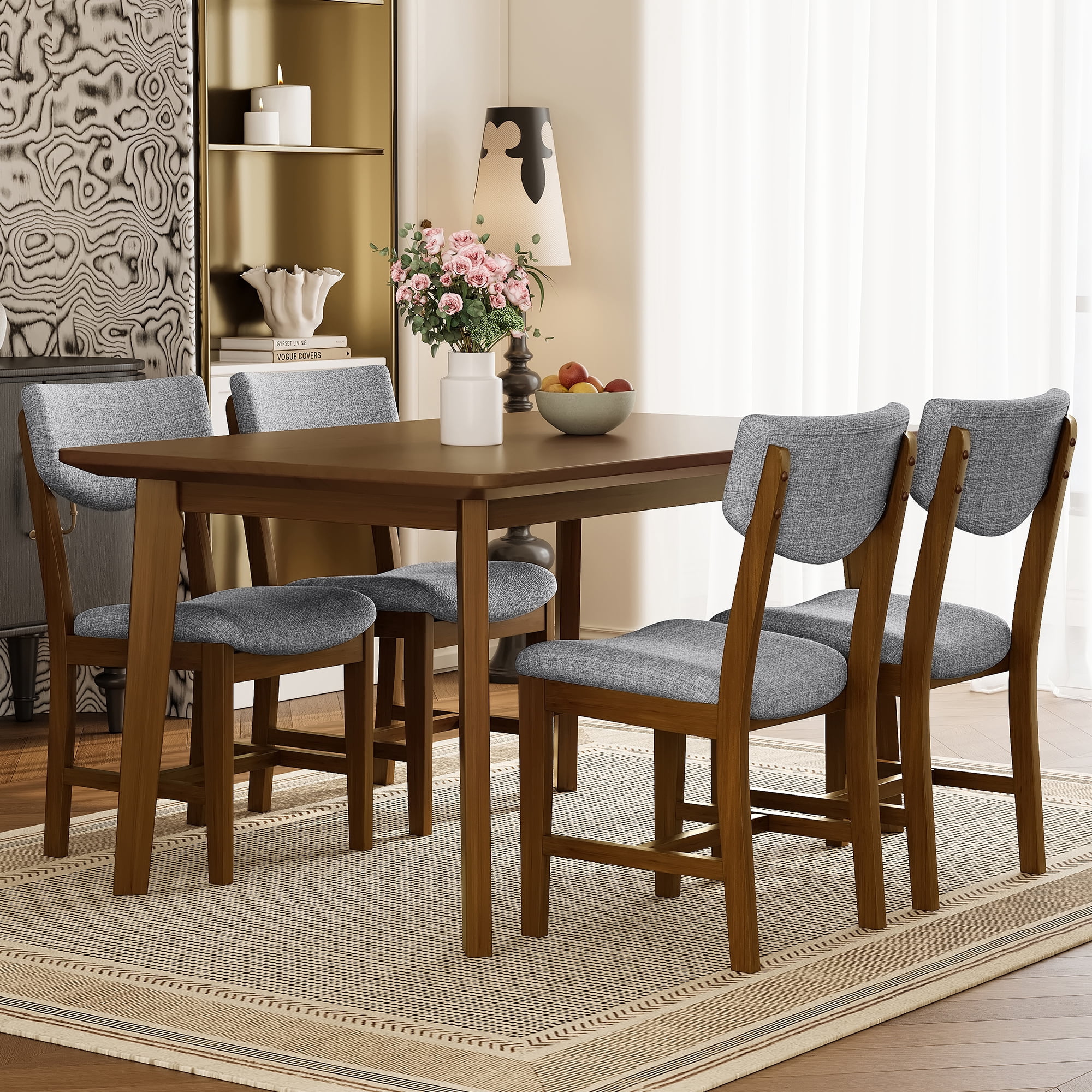 Euroco 5 Piece Dining Table Set for 4, Farmhouse Wood Kitchen Table Set with 4 Upholstered Chairs for Kitchen & Dining Room,Walnut