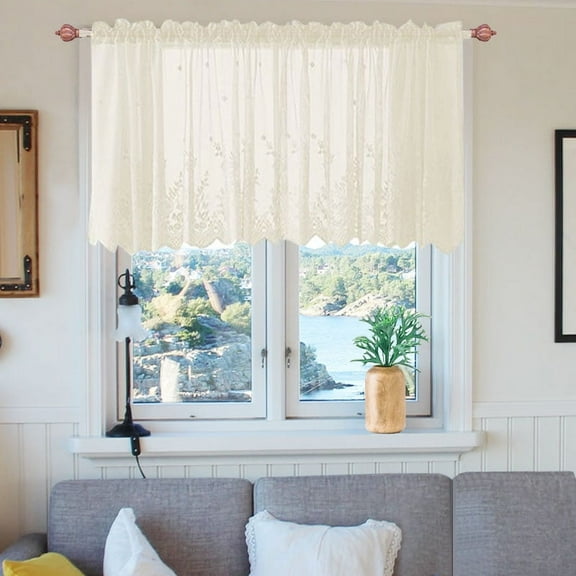 Howarmer Beige Sheer Valance 54 x 35 Inch Embroidered Lace Valance Curtains Living Room Bedroom Rod Pocket Voile Drapes, Elegant Home Decor Window Treatments, 1 Panel
