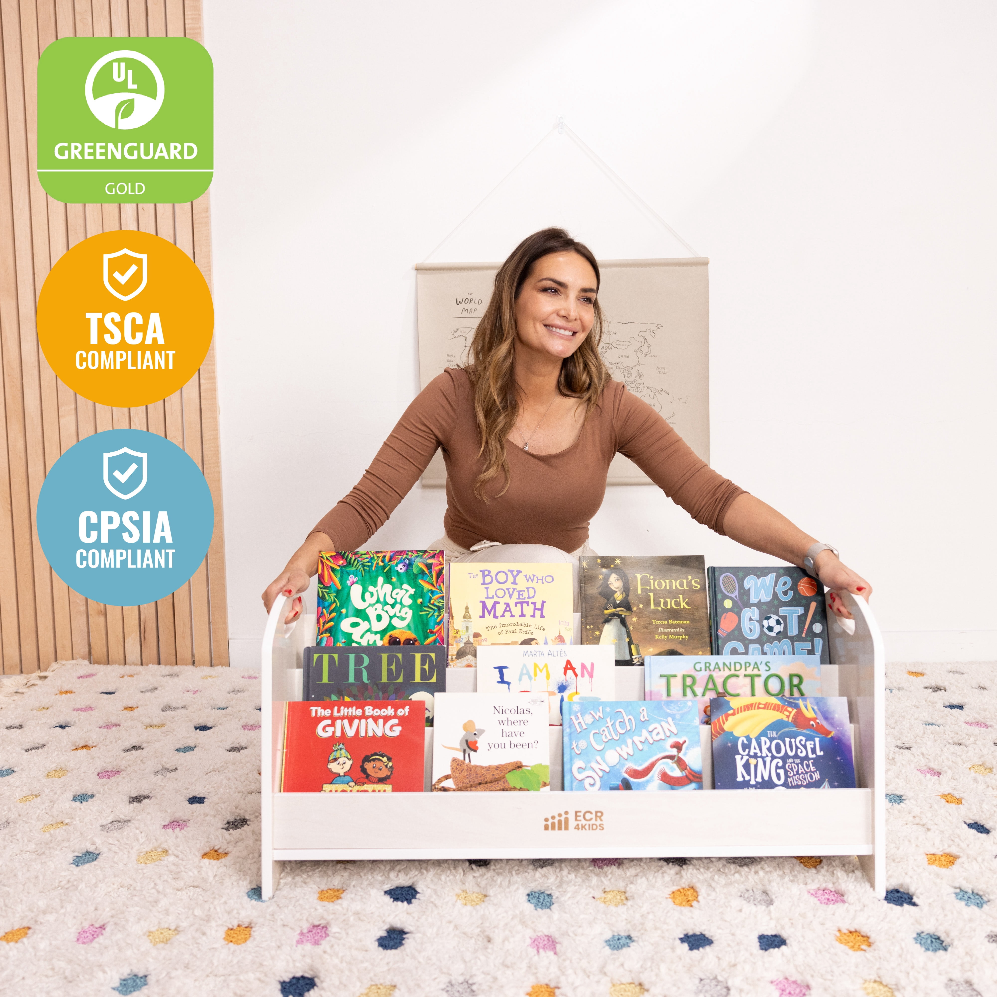 ECR4Kids 3-Shelf Floor Book Display with Handles, 36in, Children's Furniture, White Wash
