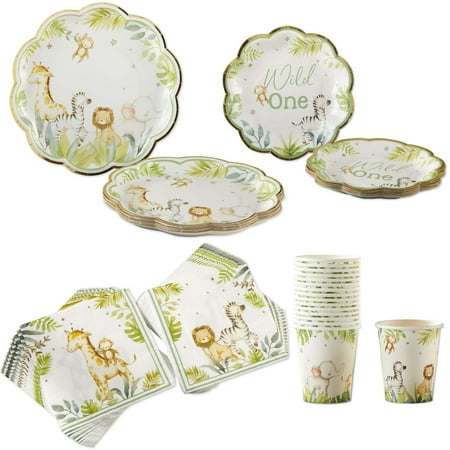 Safari Paper Plates Napkins, Kate Aspen 16pcs 7 inch & 16pcs 9 inch Heavy Duty Disposable Party Plates, 16pcs 8 oz. Paper Cups, 30pcs 6.5 inch Durable Paper Napkins for Birthday, Baby Shower Party