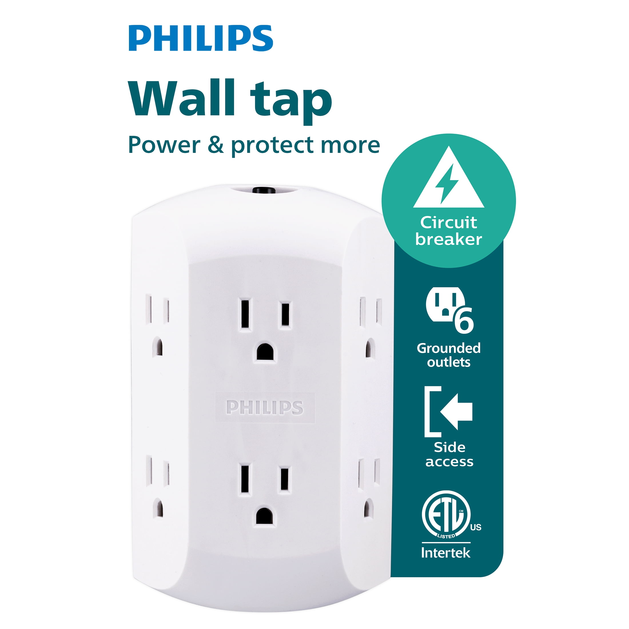 6 pack) Philips 6 Outlet Grounded Wall Tap, Resettable Circuit