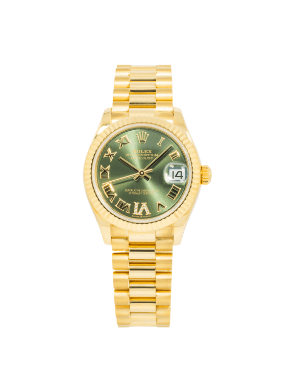 Pre-Owned Rolex Ladies 31mm 18K Yellow Gold Datejust 278278 with Green Roman Diamond Dial and President Bracelet