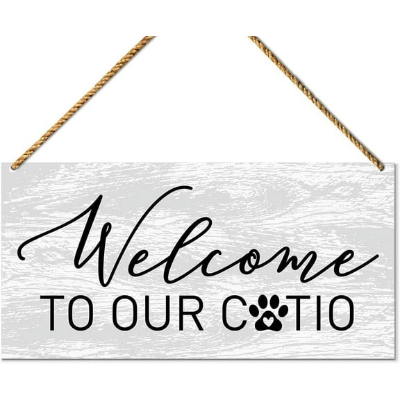 Novelty Welcome to Our Catio Sign, Cats Welcome People Tolerated, Cat Welcome Sign for Catio Home Decor, Cat Sign for Gate Fence Yard Cat Dad Mom Owner Lover Gifts 8x12 Inch