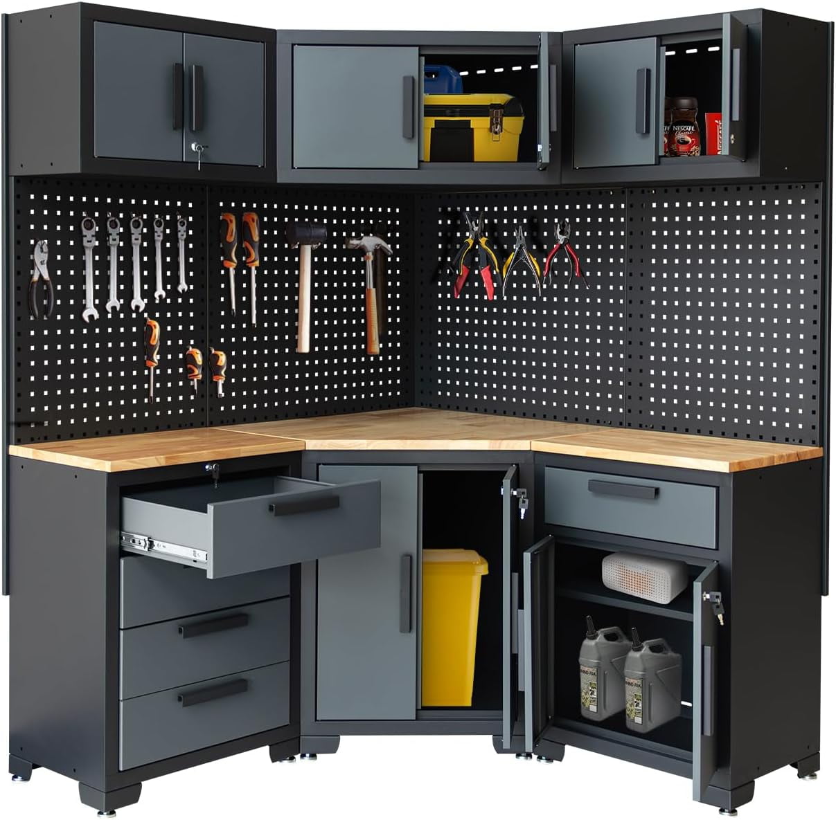 HPDMC Garage Storage Cabinet System 8-Pcs Garage Cabinets and Storage System Corner Workshop Set with Corner Cabinet, Cabinet Drawers, Workbench, Pegboard for Tool Organization, Black and Grey