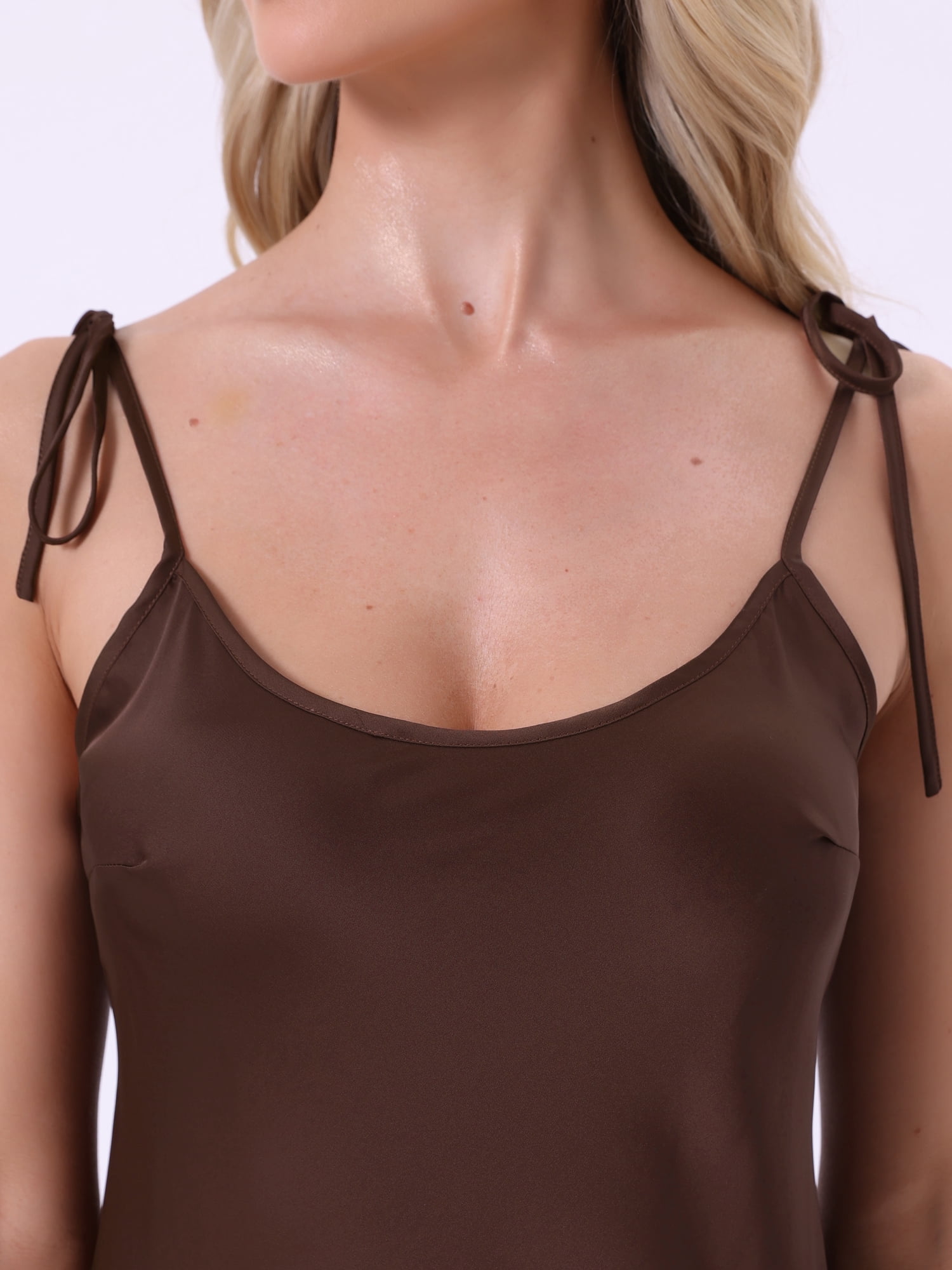 DARING DIVA Women's Satin Midi Spaghetti Adjustable Straps Silky Nightgown L Brown