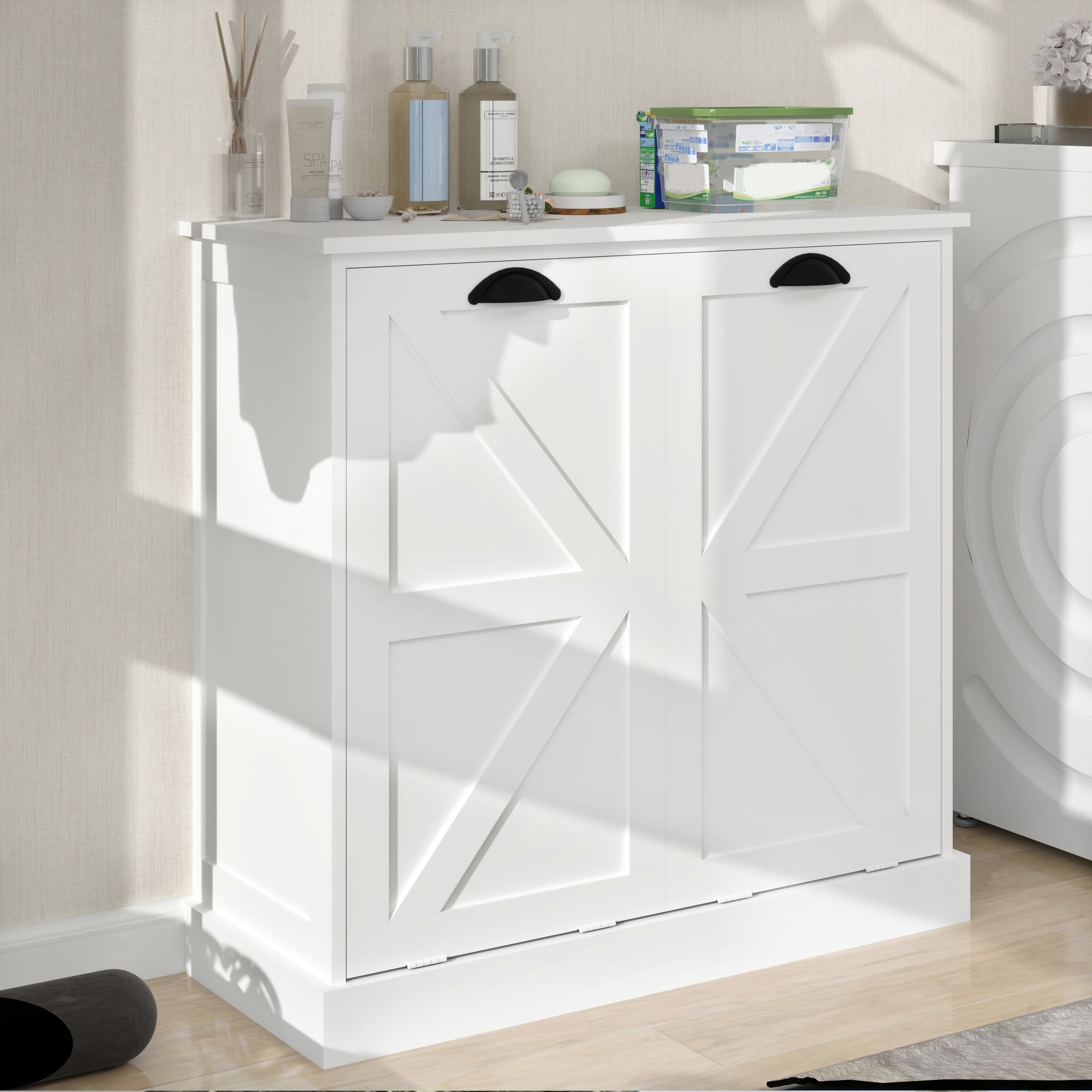 Leumius Tilt-Out Laundry Hamper Cabinet,Freestanding Laundry Sorter Cabinet with 2 Compartment,White