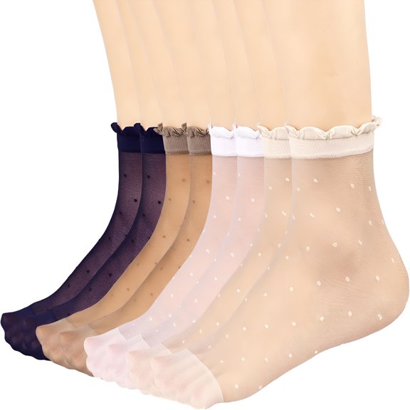 TELOLY 12 Pairs Women's Sheer Ruffled Socks Frilly Ankle High Nude Nylon Stocking Ultra Thin Cool Silk Socks