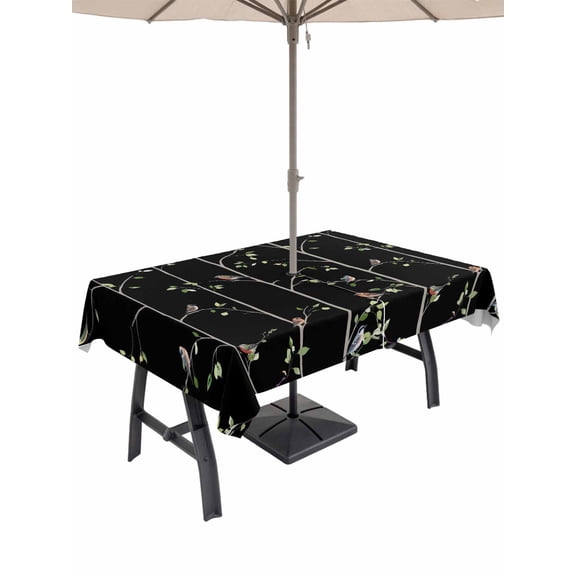 Outdoor Tablecloth with Umbrella Hole for Patio/Picnic/Party/Camping, Sparrow Waterproof Table Cloth Rectangle Table Cover Washable, Spring Birds on The Branches Vintage Country Black (60"x 120")