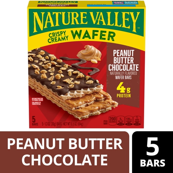 Nature Valley Crispy Creamy Wafer Bar, Peanut Butter Chocolate, 4g Protein, 5 Bars, 6.5 oz