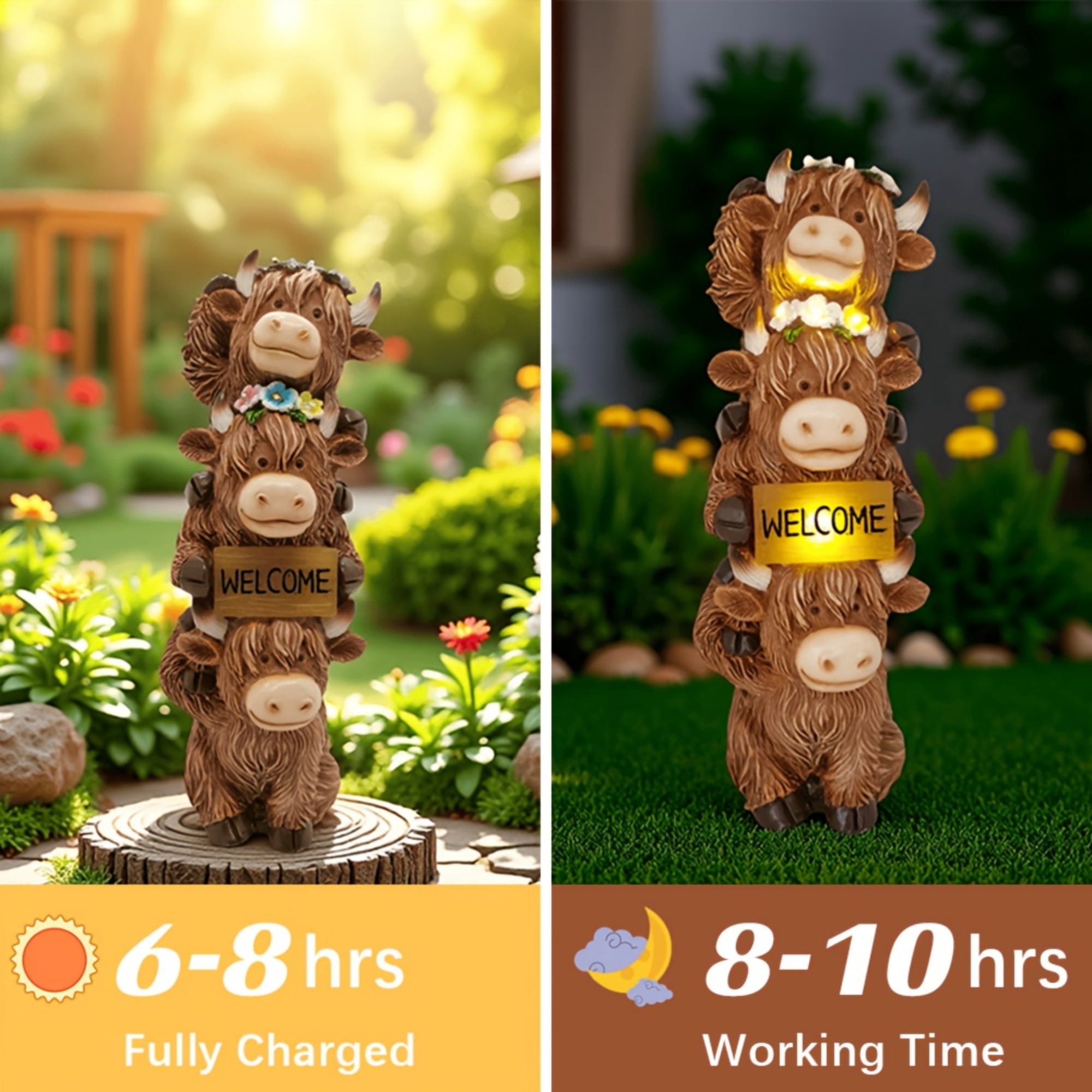 Highland Cow Statue Garden Decor with Glowing Flowers and Welcome Sign Lights, Resin High Mountain Cattle Solar Sculptures for Patio Yard Porch Outdoor Decoration