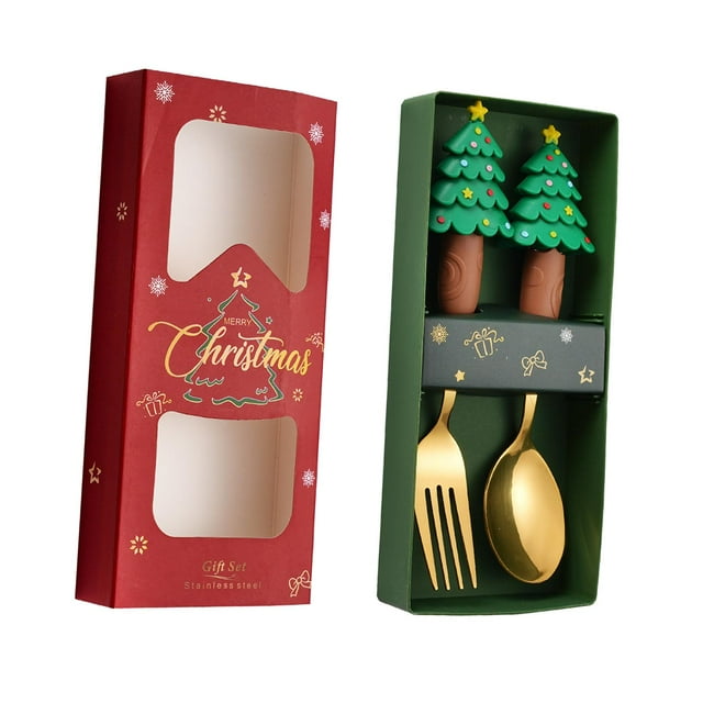 DOLITY 2 Pieces Christmas Spoon Fork Set Cutlery for Ice Cream Milkshakes Tea Party Christmas tree
