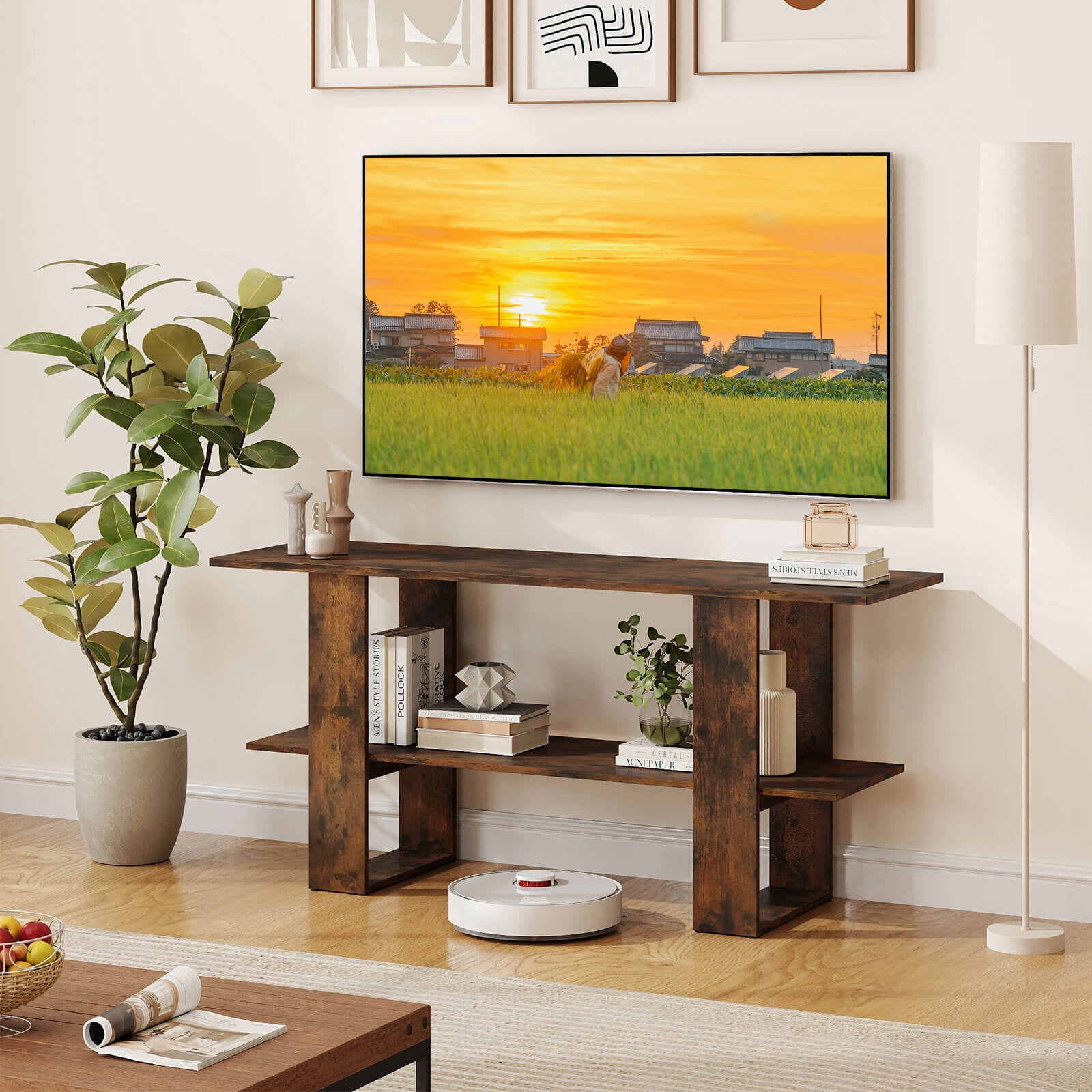 Costway TV Stand for up to 55 Inches TV Entertainment Center with Storage Shelf for Bedroom Rustic Brown