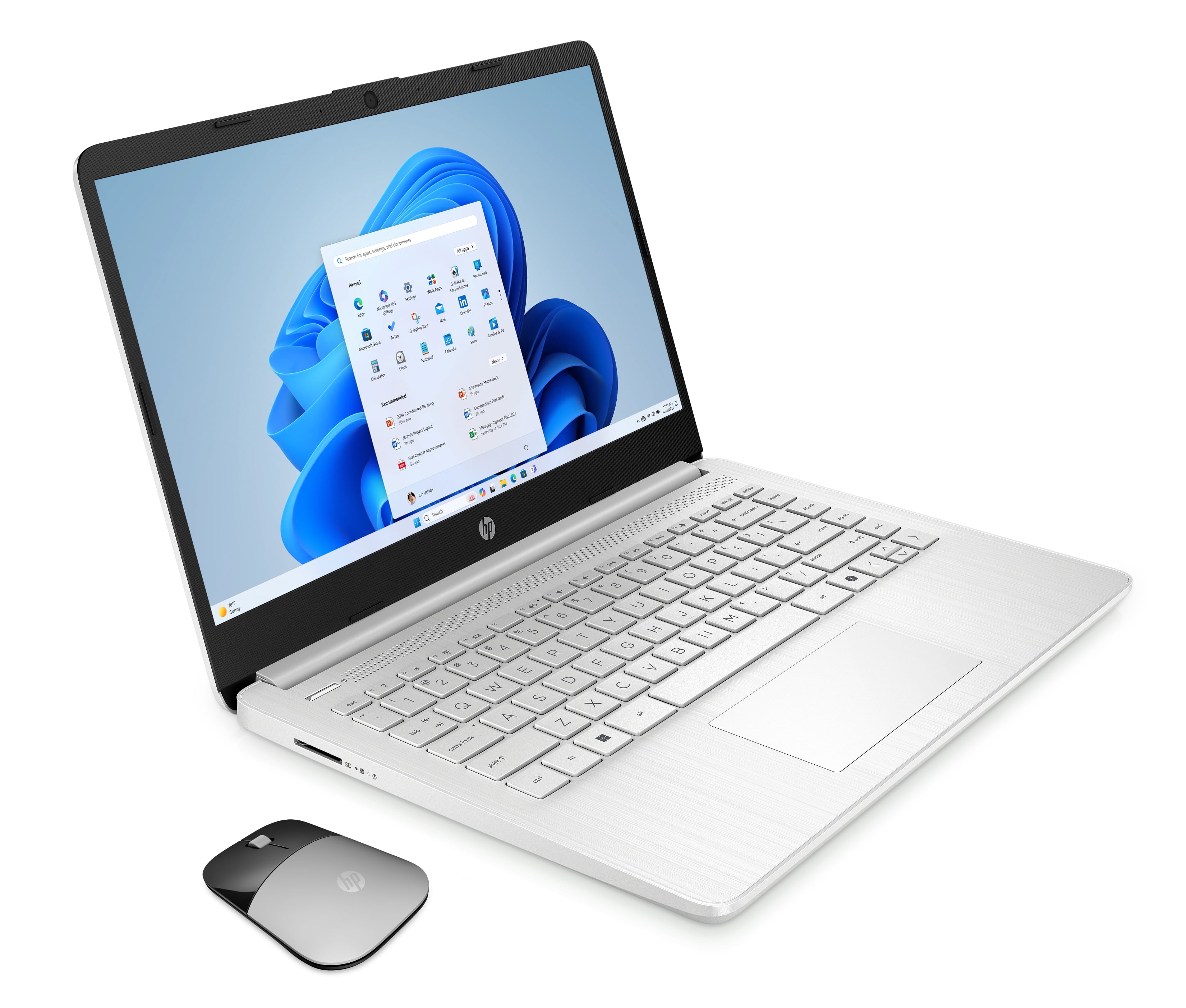 HP 14" HD Touchscreen Laptop with Copilot Intel N150 4GB RAM 128GB SSD Natural Silver + HP Wireless Mouse + One Year M365 Subscription