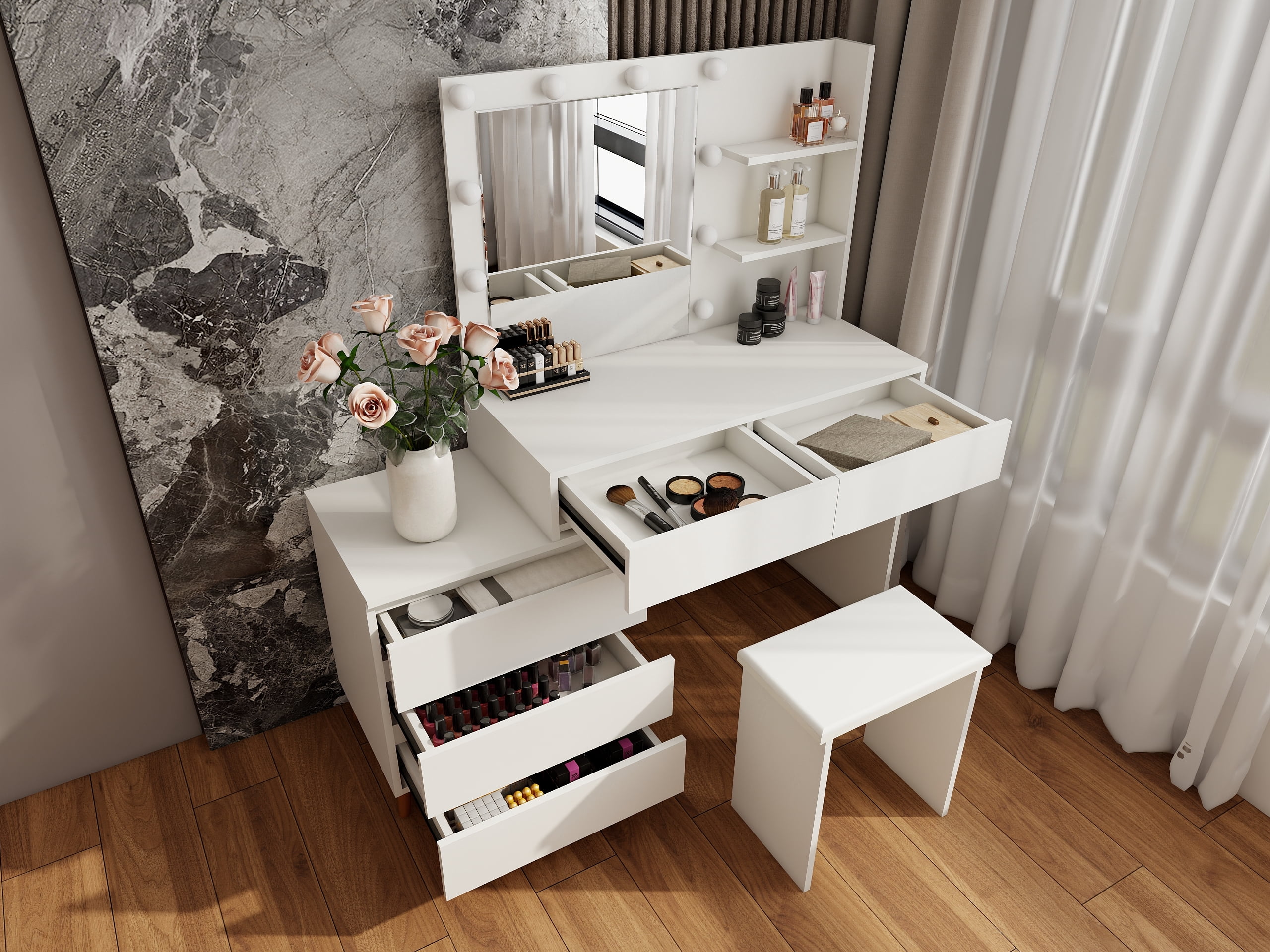 LED Makeup Vanity Table with Mirror, Storage Drawers, Matching Stool and Organizer Compartments, White Beauty Station for Bedroom, 55.1"x15.7"x53.1"