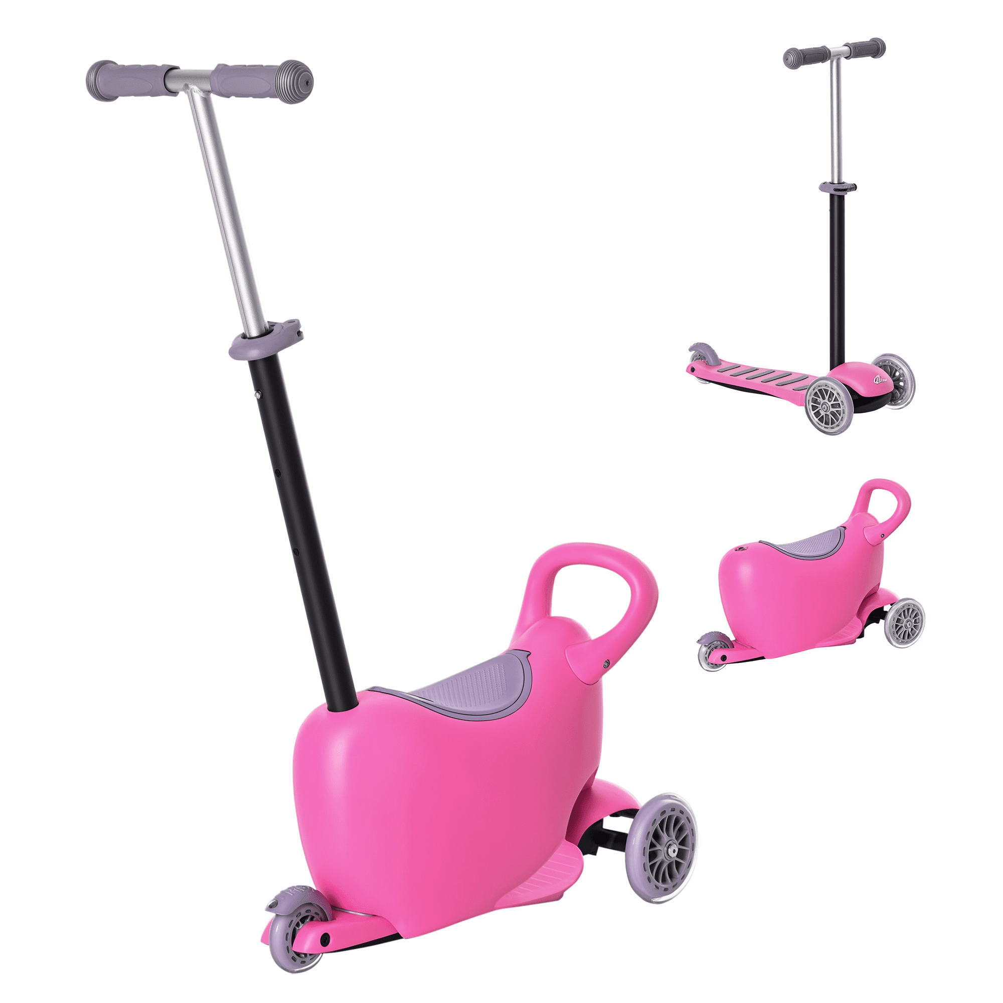 3-in-1 Kids Scooter - Adjustable Height Push & Ride Walker | Sliding Toy for Toddlers - Pink, PU Wheels - Ages 2-6