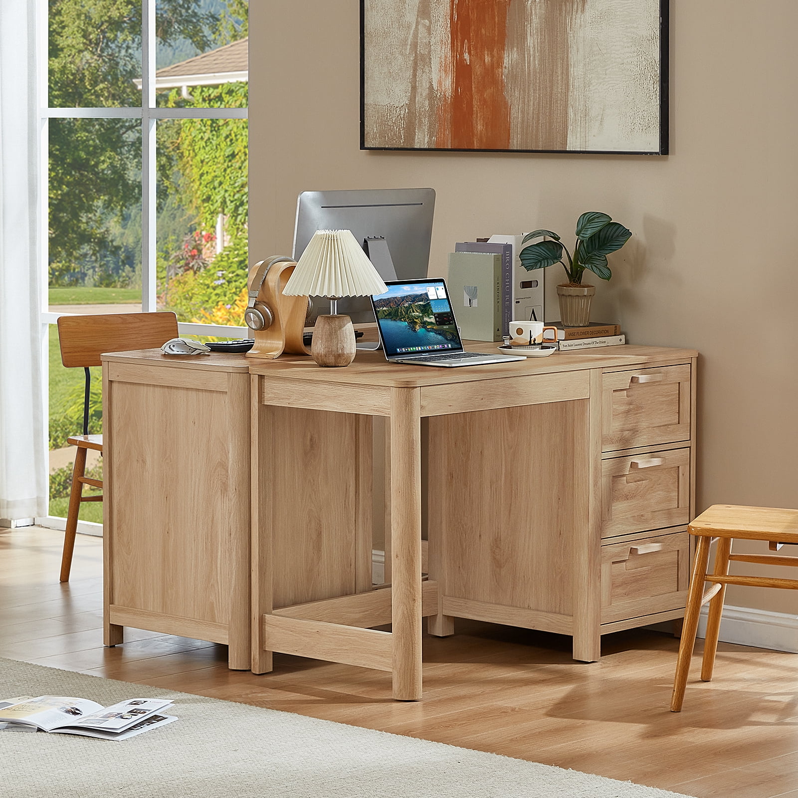Leyaoyao Home Office Desk 48" Modern Computer Desk Small PC Table with Storage Cabinet, Compact Study Writing Desk for Bedroom, Natural Oak