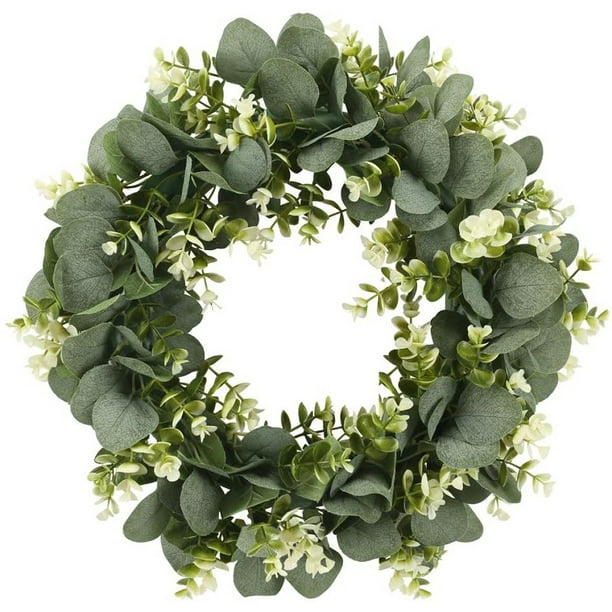 Corona de eucalipto artificial para puerta de entrada, corona de otoño, corona de hojas verdes para ventana, decoración de bodas, porche de casa, patio de granja, decoración de jardín