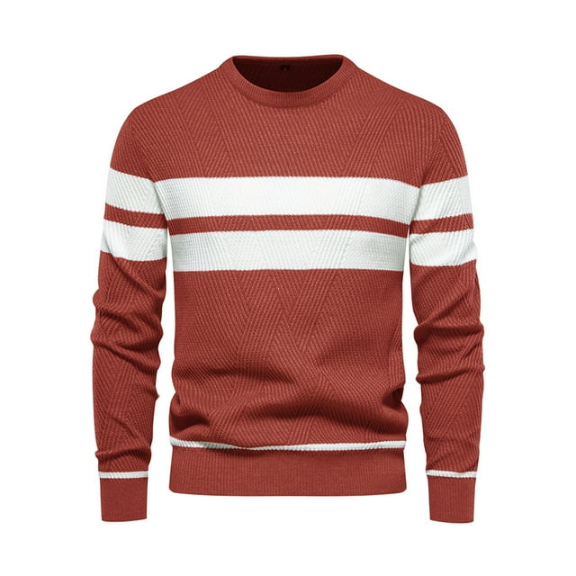 Bellella Chandail Homme Manches Longues Chandail Rayé Tricoté Col Rond Ample Rouge TG