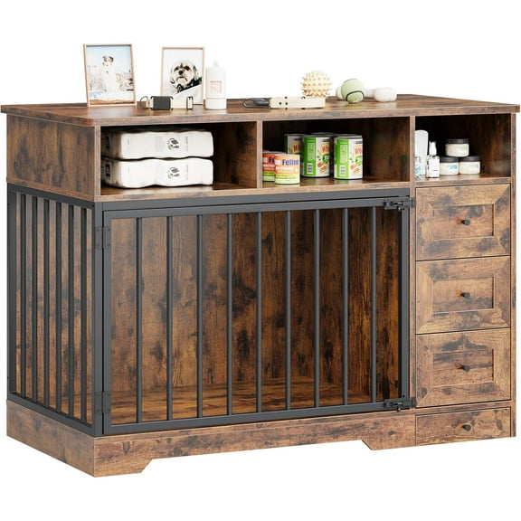 EastVita Wooden Dog Crate Furniture for Medium and Small Dogs, Indoor Dog Kennel with Storage Shelves, 3 Drawers, Hidden Bowl, Modern Pet Cage End Table