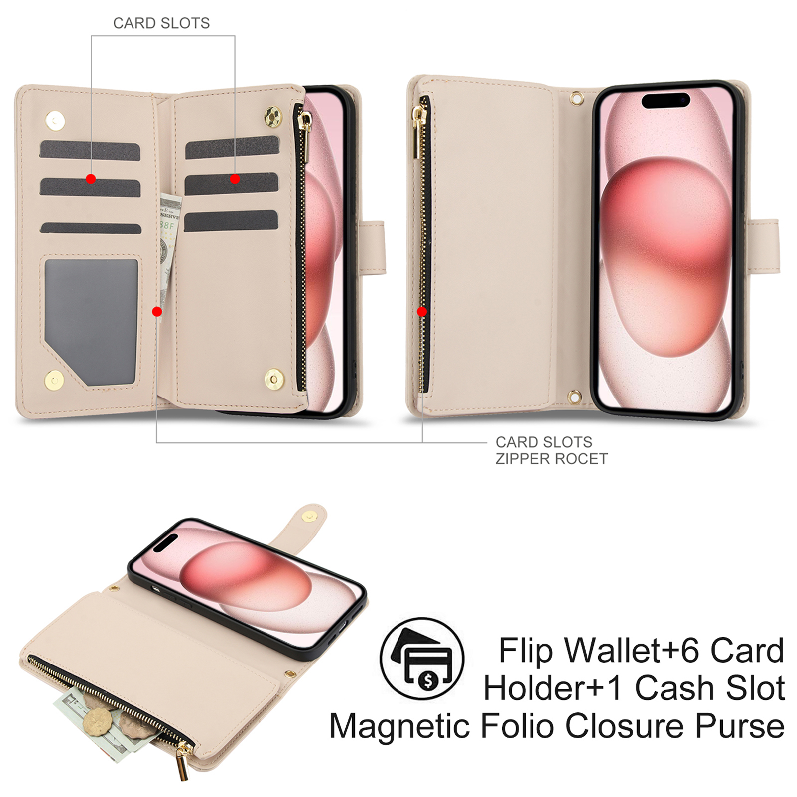 Phone Case for Apple iPhone 14 Plus, Premium iPhone 14 Plus Case with Wallet, Card Holder, Coin Zipper Pocket Shockproof Flip Cover Stand with Wrist Strap & Detachable Shoulder Strap,Apricot