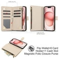 thumbnail image 4 of Phone Case for Apple iPhone 15, Premium iPhone 15 Case with Wallet, Card Holder, Coin Zipper Pocket Shockproof Flip Cover Stand with Wrist Strap & Detachable Shoulder Strap,Apricot, 4 of 11