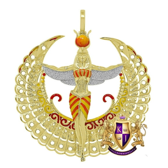 Real Genuine Diamond 0.60 Cwt. Egyptian Sky Goddess God Isis Exclusive Custom Pendent 14K Gold Over Pharaoh Charm 35   Grams Big 2.85''