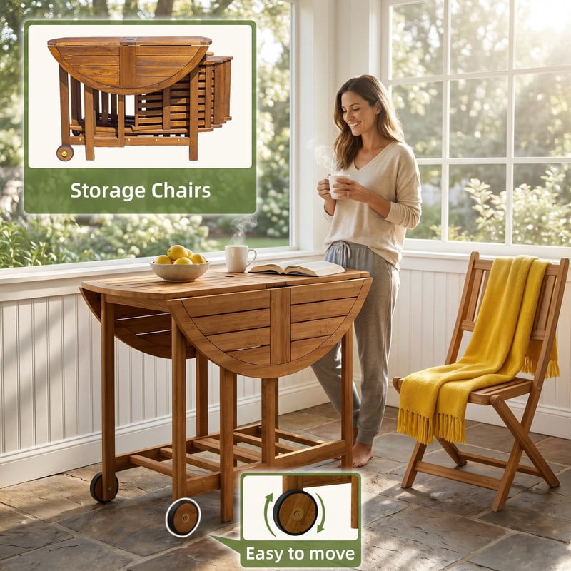 Vineego 5 Pieces Folding Patio Dining Set, Acacia Wood Round Table with 4 Chairs, Outdoor Furniture with Umbrella Hole for Deck, Garden