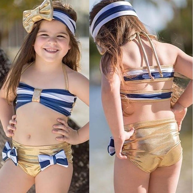 Toddler Baby Kid Girl Striped Bow Bikini Set Swimsuit Swimwear Bathing Beachwear
