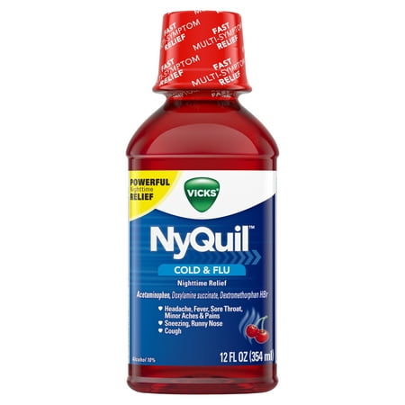 Vicks NyQuil, Nighttime Cold & Flu Symptom Relief, Relives Aches, Fever, Sore Throat, Sneezing, Runny Nose, Cough, 12 Fl Oz, Cherry