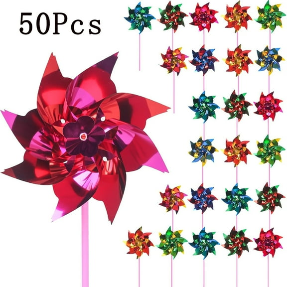 50 Pcs Party Pinwheels,Tutuviw Plastic Pin Wheels,Rainbow Wind Spining Toys, Decorative Pinwheels for DIY Party Playset Garden Lawn Party Decors (Random Color)