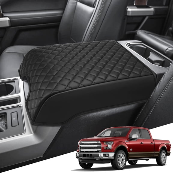 KBH Ford Center Console Cover for 2015-2020 F150 Accessories, 2017-2022 F250-F550/2018-2024 Expedition, Black Leather Middle Console Cover Cushion Pad for Truck Interior (Bucket Seat)