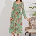 thumbnail image 2 of Olyvenn Womens Tunic Boho Beach Long Dress Fashion Retro Elegant Floral House Dress Round Neck Bandage High Waist Pleated Swing Flowy Smocked Ruffled Flared Long Sleeve Prom Dress Green 8, 2 of 8